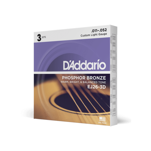 מארז 3 סטים של מיתרים לגיטרה אקוסטית DaDario EJ26-3 Phosphor Bronze 11-52