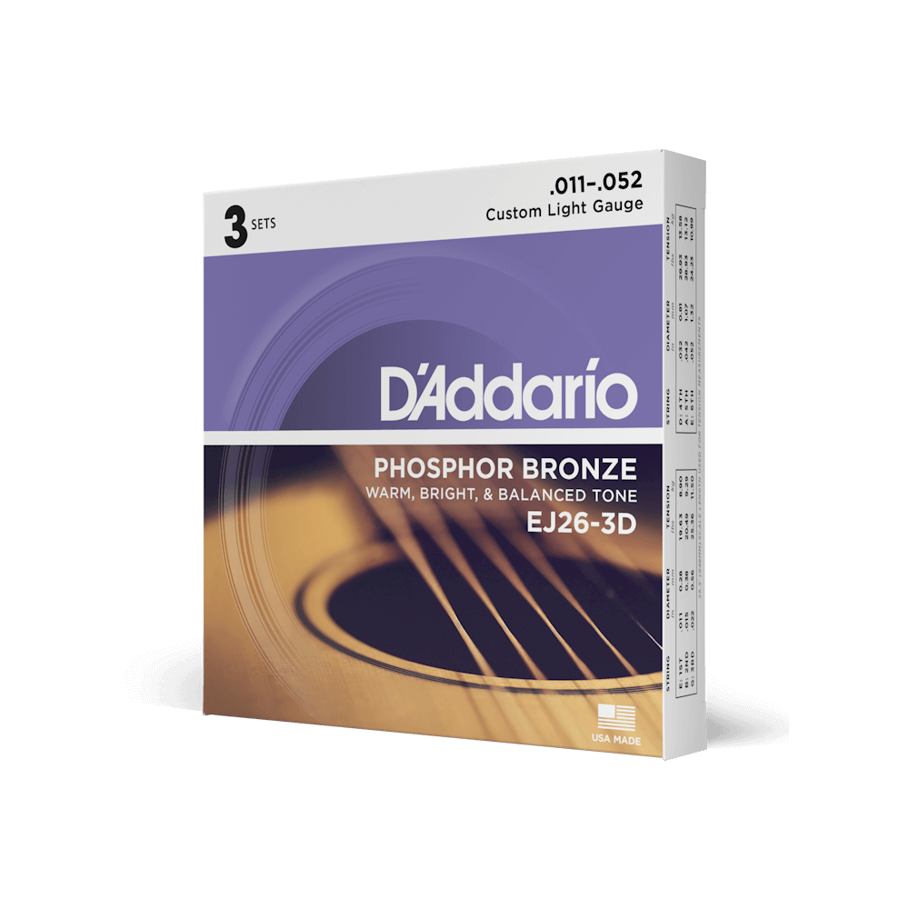 מארז 3 סטים של מיתרים לגיטרה אקוסטית DaDario EJ26-3 Phosphor Bronze 11-52