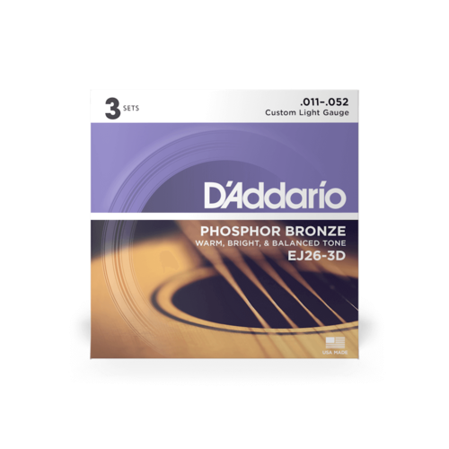 מארז 3 סטים של מיתרים לגיטרה אקוסטית DaDario EJ26-3 Phosphor Bronze 11-52