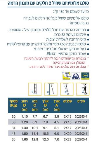סולם אלומניום 6.7 מטר שחיל+מנגנון הרמה תוצרת חגית 2X3.9