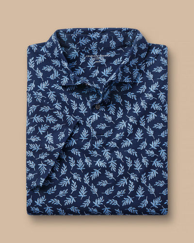 חולצת פולו -Performance Leaf Print Polo - French Blue