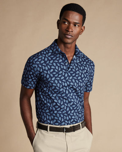 חולצת פולו -Performance Leaf Print Polo - French Blue