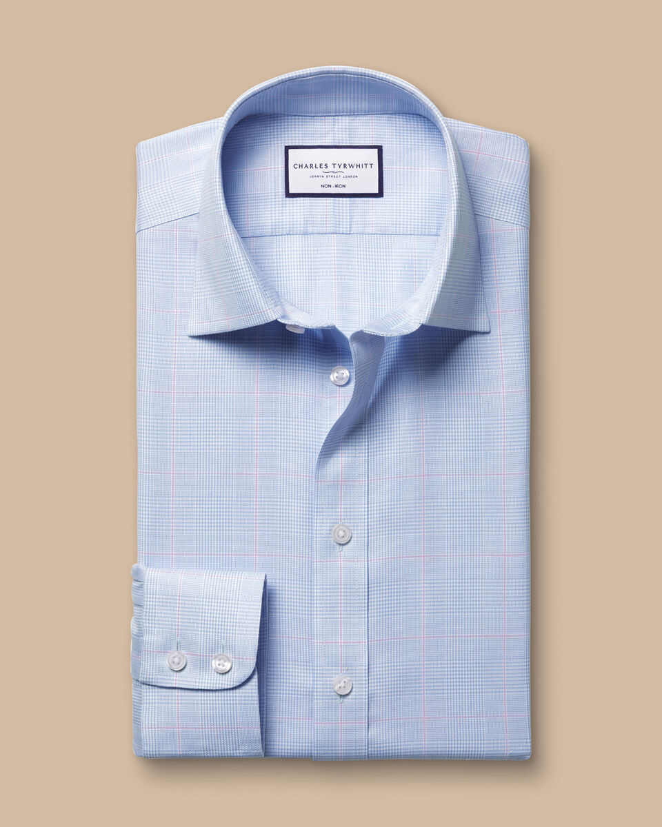 חולצה גזרת סלים- Light blue Prince of Wales check non-iron twill Slim fit shirt