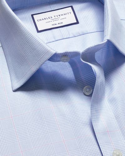 חולצה גזרת סלים- Light blue Prince of Wales check non-iron twill Slim fit shirt