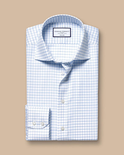 חולצה קלאסיק פיט- Cutaway Collar Non-Iron Twill Fine Check Shirt - Cornflower Blue classic fit shirt