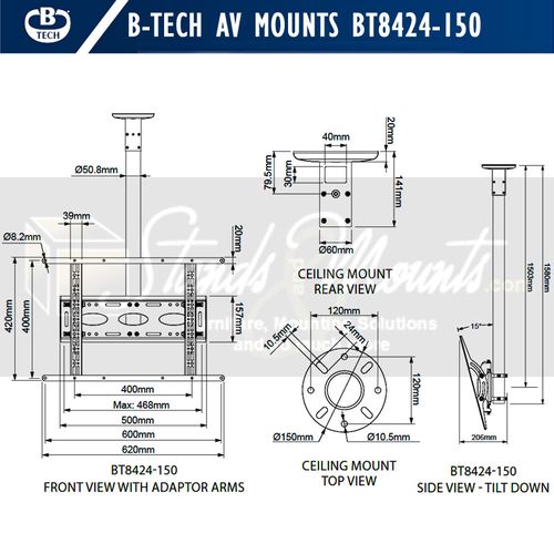 מתקן תלייה תקרתי לטלוויזיה באורך 1.5' עד 65 B-TECH BT8424