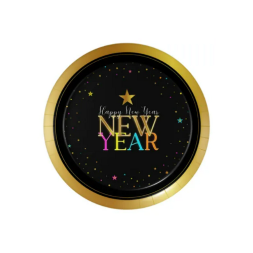 צלחות נייר HNY עם כיתוב ומסגרת זהב מאטלי