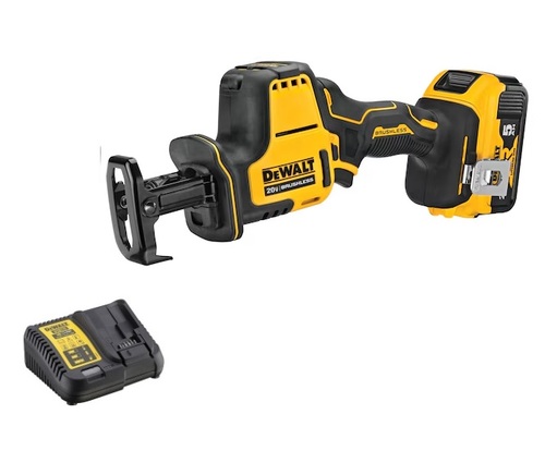 מסור חרב נטען יד אחת בראשלס + סוללת 5 אמפר ומטען DEWALT DCS369P1 ATOMIC 20V