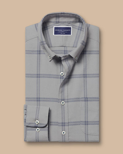 חולצה ללא צורך בגיהוץ גזרת קלאסיק -Light grey large grid check non-iron twill classic fit shirt
