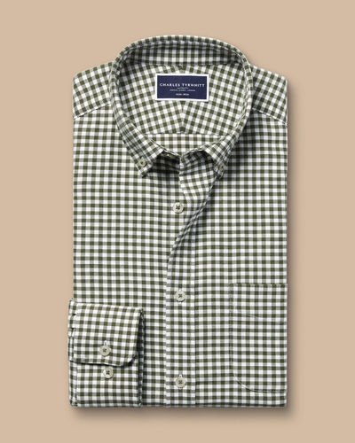 חולצה ללא צורך בגיהוץ גזרת קלאסיק -Olive green gingham check non-iron twill classic fit shirt