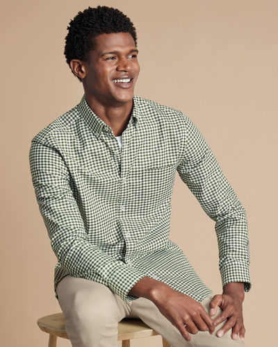 חולצה ללא צורך בגיהוץ גזרת קלאסיק -Olive green gingham check non-iron twill classic fit shirt