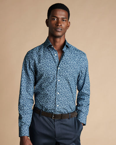 חולצה גזרת קלאסיק - Steel blue floral liberty fabric classic fit shirt