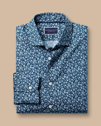 חולצה גזרת קלאסיק - Steel blue floral liberty fabric classic fit shirt