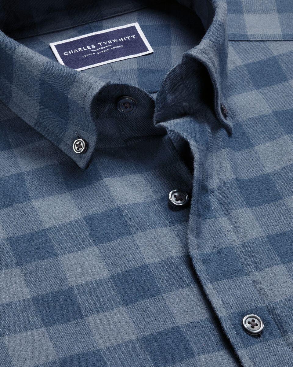 חולצה גזרת קלאסיק - Steel blue gingham brushed flannel classic fit shirt