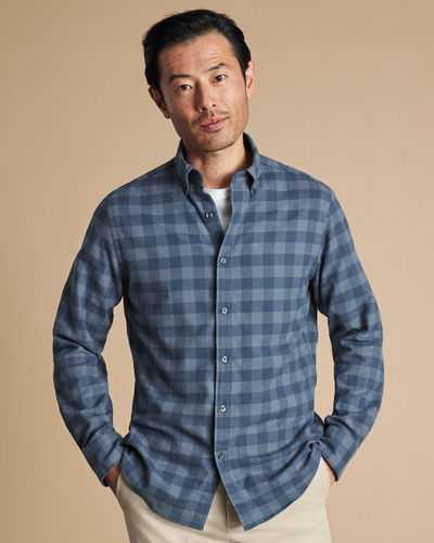 חולצה גזרת קלאסיק - Steel blue gingham brushed flannel classic fit shirt