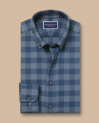 חולצה גזרת קלאסיק - Steel blue gingham brushed flannel classic fit shirt
