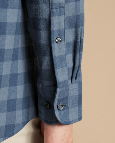 חולצה גזרת קלאסיק - Steel blue gingham brushed flannel classic fit shirt