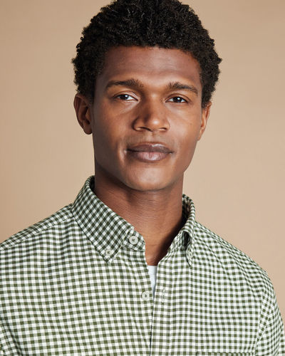 חולצה ללא גיהוץ גזרת אקסטרה סלים -  Olive green gingham check non-iron twill extra slim fit shirt