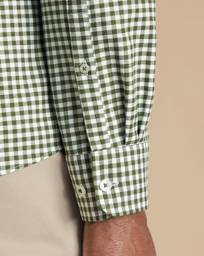 חולצה ללא גיהוץ גזרת אקסטרה סלים -  Olive green gingham check non-iron twill extra slim fit shirt