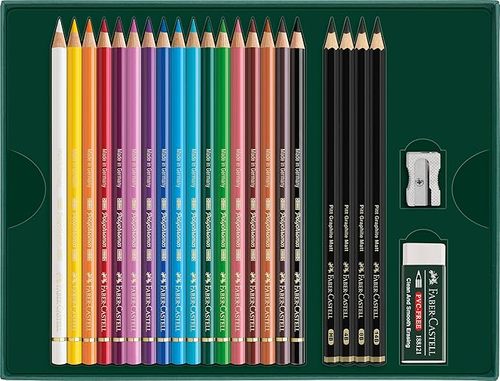 מתנה מושלמת! ערכת ציור של 17 עפרונות צבעוניים Polychromos + אביזרי רישום  PITT Graphite Matt