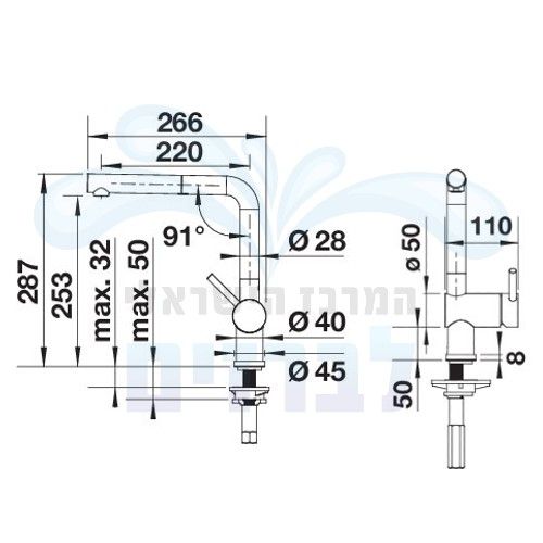 מידות ברז מטבח נשלף בלנקו לינוס אס BLANCO LINUS-S 527733 יבואן רשמי ניגא