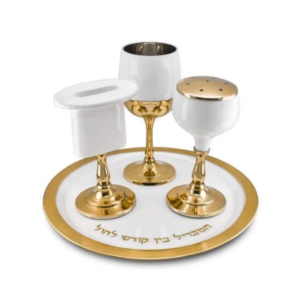 סט הבדלה 3 חלקים על מגש עגול אמייל לבן זהב