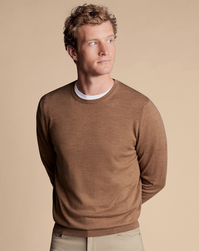 סוודר צמר מרינו-  Merino Crew Neck Jumper - Sand