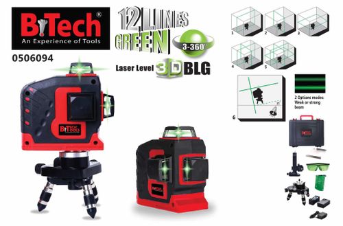 פלס לייזר 12 קווים ירוק B.TECH 3D-XX כולל אביזרים