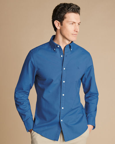 חולצה כחולה גזרת אקסטרה סלים -  Ocean blue button-down stretch washed Oxford extra slim fit shirt