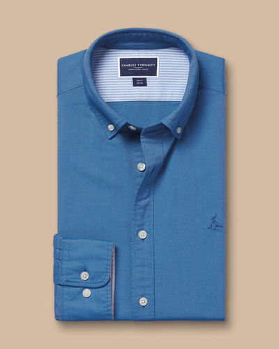 חולצה כחולה גזרת אקסטרה סלים -  Ocean blue button-down stretch washed Oxford extra slim fit shirt