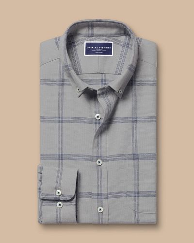 חולצה ללא צורך בגיהוץ גזרת סלים -Light grey large grid check non-iron twill slim fit shirt
