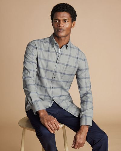 חולצה ללא צורך בגיהוץ גזרת סלים -Light grey large grid check non-iron twill slim fit shirt