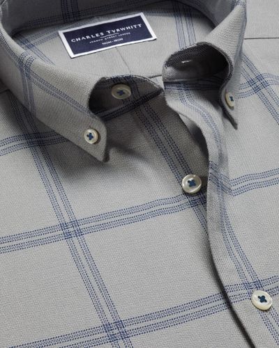 חולצה ללא צורך בגיהוץ גזרת סלים -Light grey large grid check non-iron twill slim fit shirt