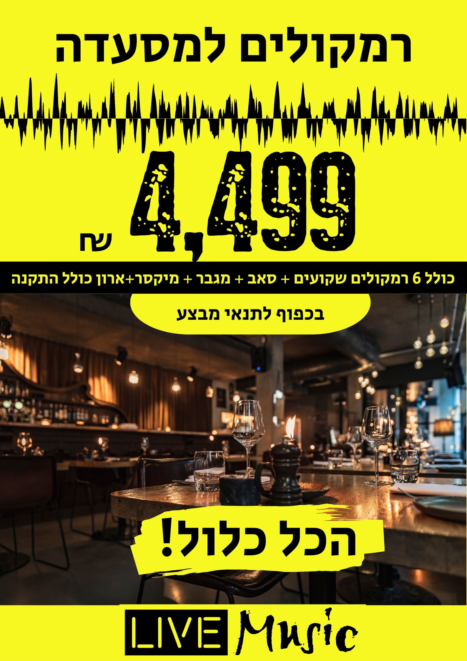 חבילת רמקולים למסעדות ובתי קפה הכל כלול עם התקנה