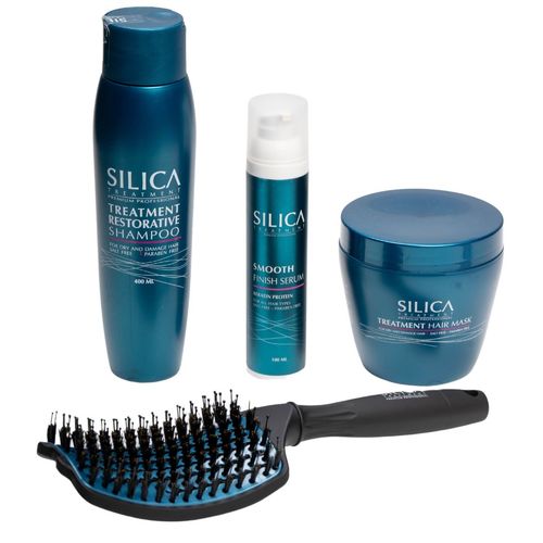 ערכת מוצרים לשיקום השיער לאחר החלקה SILICA שמפו+מסכה+סרום סיליקה+מברשת שיער