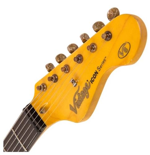 זוית נוספת Vintage V6H ICON HSS Electric Guitar ~ Ultra-Gloss Distressed Laguna Blue