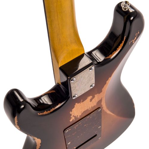 זוית נוספת Vintage V6H ICON HSS Electric Guitar ~ Ultra-Gloss Distressed Sunset Sunburst