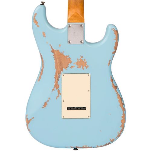 זוית נוספת Vintage V6 ICON Electric Guitar ~ Left Hand Distressed Laguna Blue