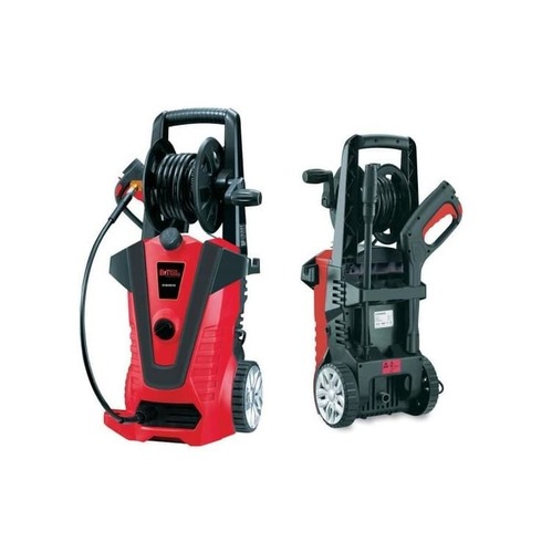 מכונת שטיפה B.TECH D8 בצבע כחול עם אקדח התזה מקצועי, גלגלי הובלה ומיכל סבון מובנה, מוצגת בזווית צד