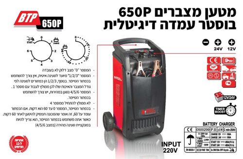 מטען מצברים B.TECH 650P בעיצוב מקצועי עם תצוגה דיגיטלית, כפתורי שליטה וידית נשיאה, כולל כבלי טעינה וקליפסים מקצועיים