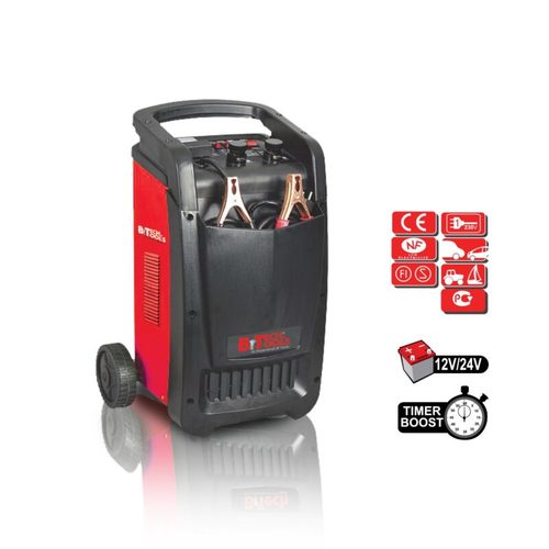 מטען מצברים B.TECH 650P בעיצוב מקצועי עם תצוגה דיגיטלית, כפתורי שליטה וידית נשיאה, כולל כבלי טעינה וקליפסים מקצועיים