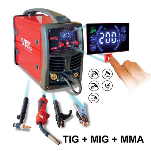 רתכת אינוורטר B.TECH WS4 בצבע כחול עם תצוגת LCD, ידית נשיאה וחיבורים מקצועיים לריתוך MIG/TIG/MMA