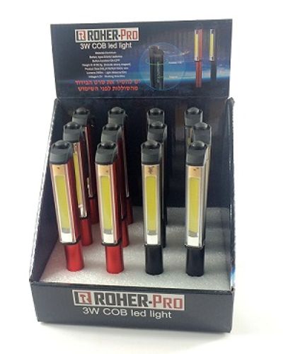 מארז 12 יח' פנסי עט נורת LED COB גוף אלומיניום, אדום/שחור