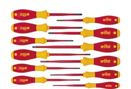 WIHA 41003 - סט 12 מברגים SoftFinish מקצועי קצה דק לחשמלאים שטוח+פיליפס+טורקס+פוזידרייב ( PH & TX & SL/PZ)