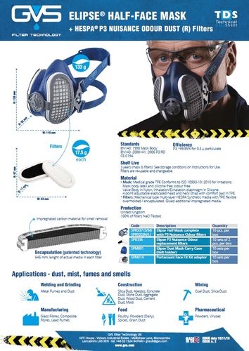 GVS Elipse P3 - מסכת חצי פנים מקצועית P3 להגנה מאבק, רסס ואדים רעילים כולל זוג מסננים EN140 EN143