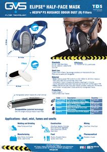 GVS Elipse P3 - מסכת חצי פנים מקצועית P3 להגנה מאבק, רסס ואדים רעילים כולל זוג מסננים EN140 EN143