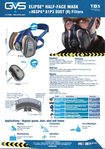 GVS A1P3 RF - זוג מסנני למסכת חצי פנים Elipse A1P3 להגנה מגזים אורגניים מאבק, רסס ואדים רעילים EN14387