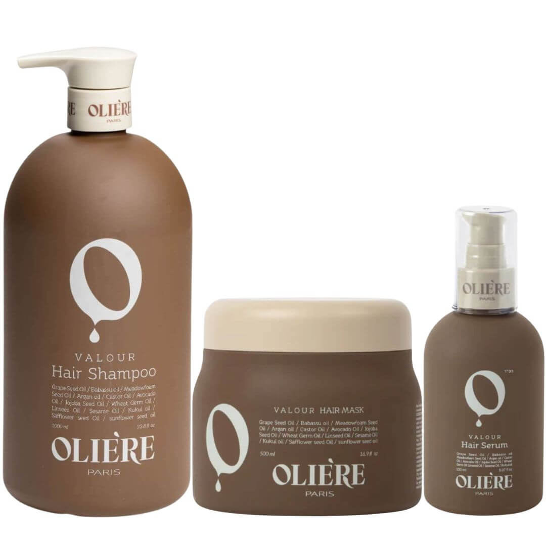מארז לשיער מוחלק OLIERE שמפו + מסכה + סרום לשיקום השיער ושימור ההחלקה אולייר