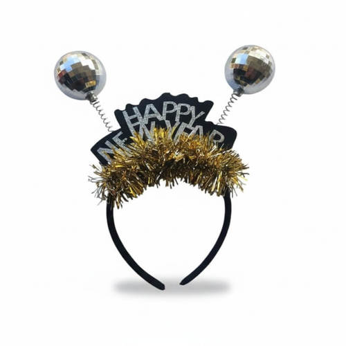 קשת לראש HAPPY NEW YEAR כדורי דיסקו כסף