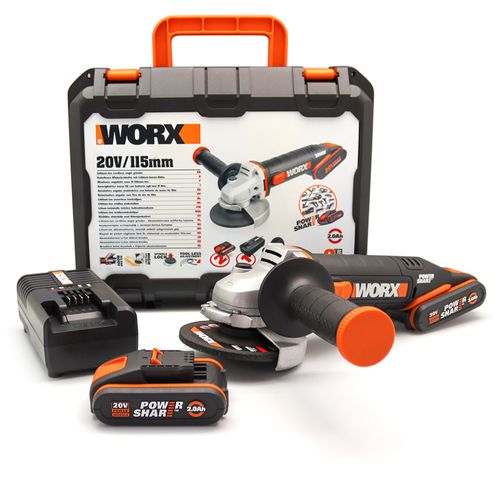 סט משחזת זווית 20V כולל זוג סוללות 2Ah ומטען מהיר WORX